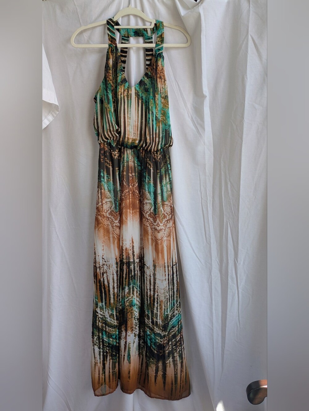 Bisou Bisou Teal Green & Brown Printed Halter Maxi Dress